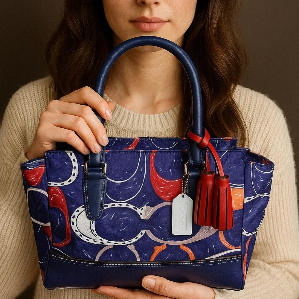 COACH Candace Legacy Heritage Scribble C & Leather Carryall in Navy Blue NWT - Picture 14 of 15